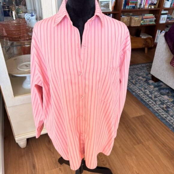 Princess Polly Pink Stripe Long Sleeves Oversized Button Up Shirt EUC 4 - Picture 1 of 5